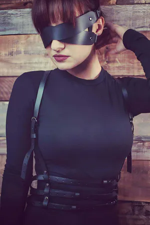 Black Faux Leather Full Body Harness Men with Eye Mask Adjustable Straps