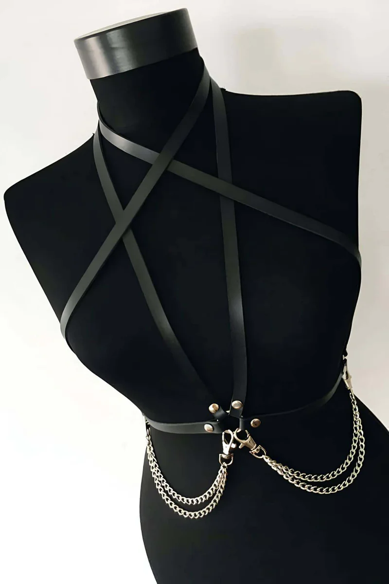 Black Faux Leather Full Body Harness with Layered Silver Chains