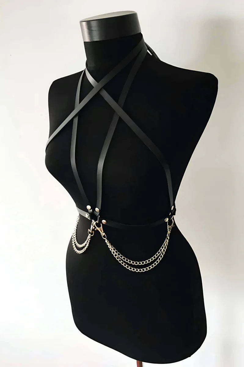 Black Vegan Leather Harness Straps Close-Up with double chain detailing