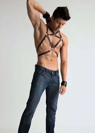 Black Faux Leather Chest Harness Starburst Design Adjustable Straps