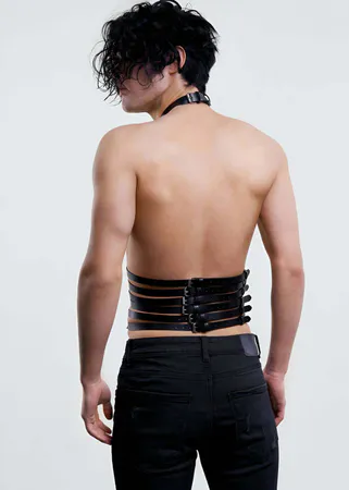 Black Faux Leather Caged Torso Harness O-Ring Detail Adjustable Buckles