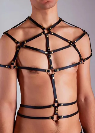 Black Faux Leather Full Body Harness Antique Brass O-Rings Studded Straps