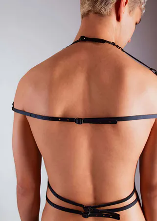 Black Faux Leather Full Body Harness Antique Brass O-Rings Studded Straps