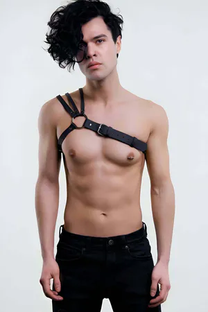 Black Vegan Leather Asymmetrical Chest Harness Model Front View