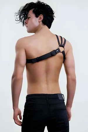 Black Vegan Leather Asymmetrical Chest Harness Model Front View