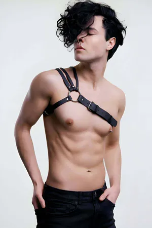 Black Vegan Leather Asymmetrical Chest Harness Model Front View