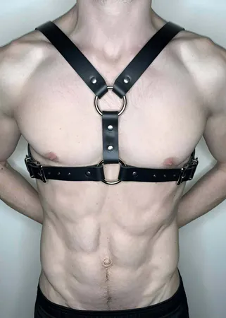 Black Faux Leather Chest Harness Men Adjustable Straps Silver O-Rings