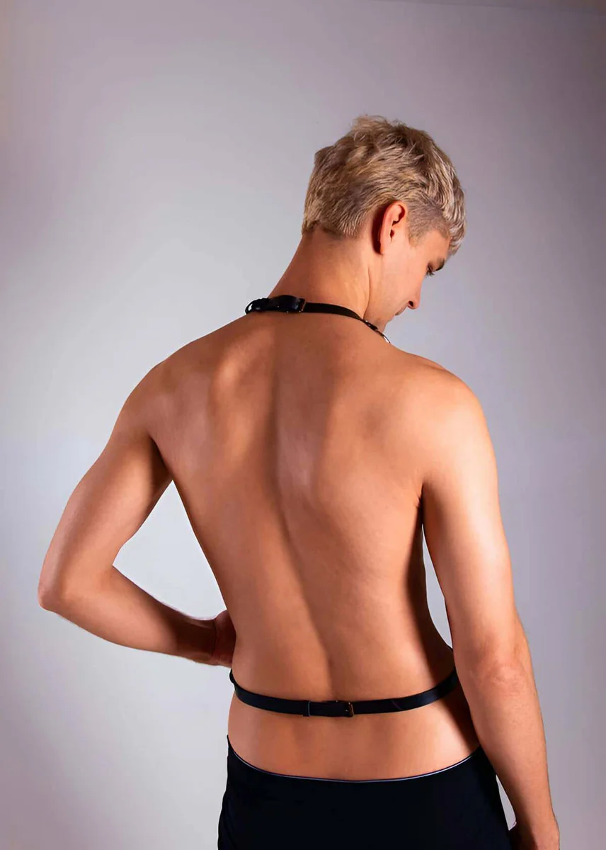 Black Vegan Leather Harness Adjustable Straps Front