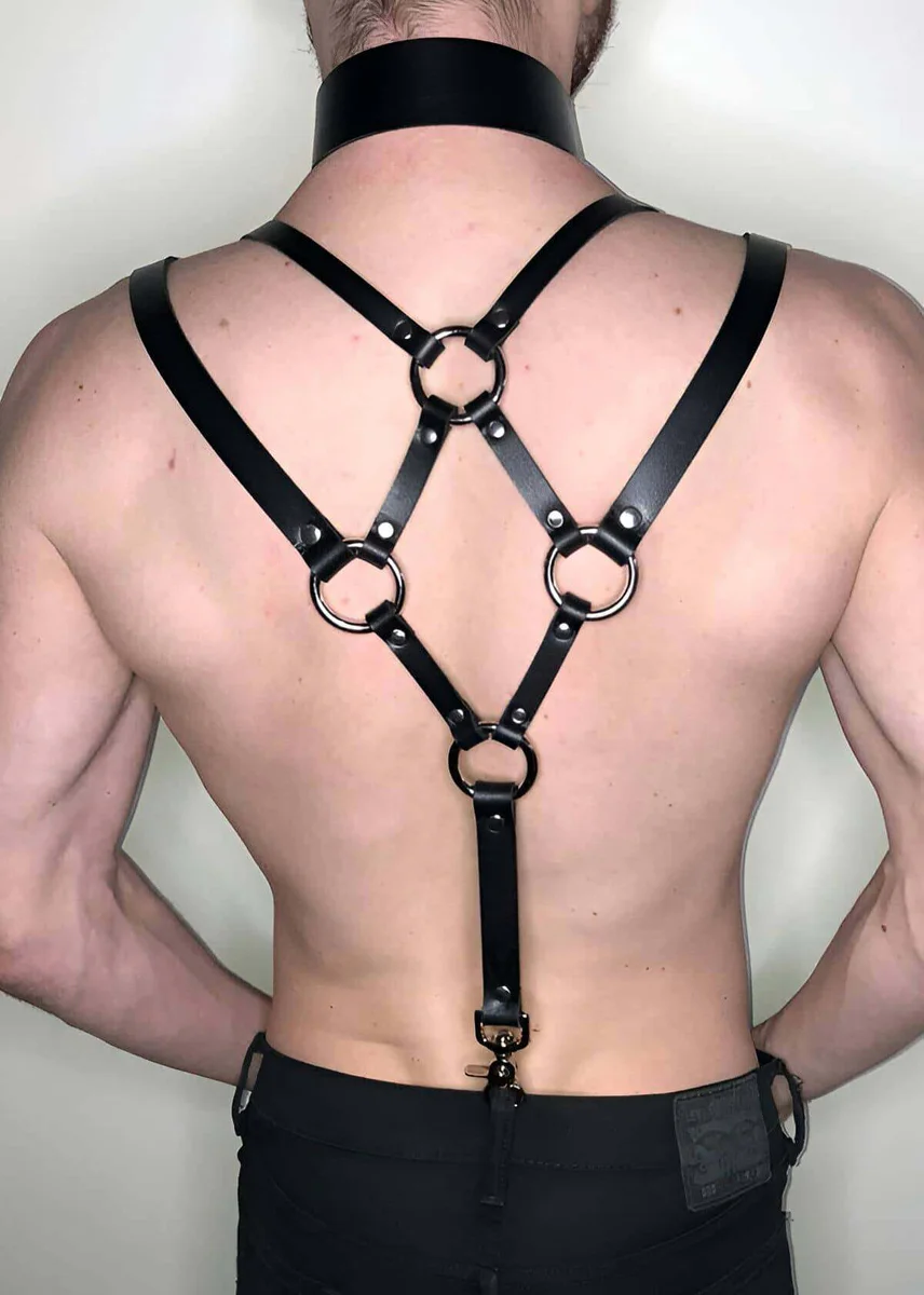 Black Faux Leather Back Harness and Choker Set Women with O-Rings