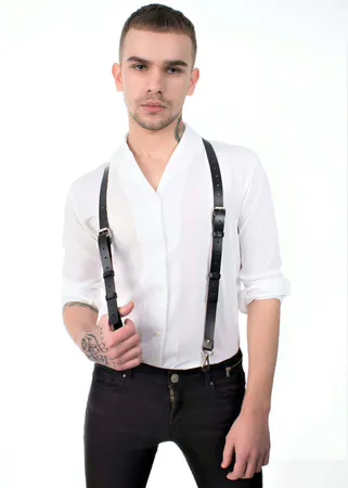 Black Vegan Leather Y-Back Shoulder Harness Men White Shirt