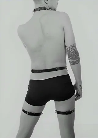 Black Faux Leather Full Body Harness with Collar and Thigh Straps on male model