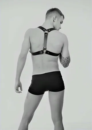 Black Faux Leather Shoulder Body Harness with Silver O-Rings