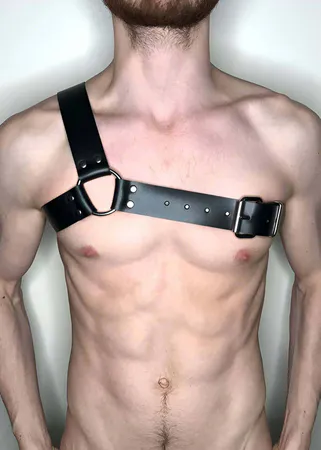 Black Faux Leather Asymmetric Chest Harness with Silver O-Ring on Model