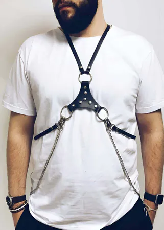 Black Faux Leather O-Ring Chest Harness Back View