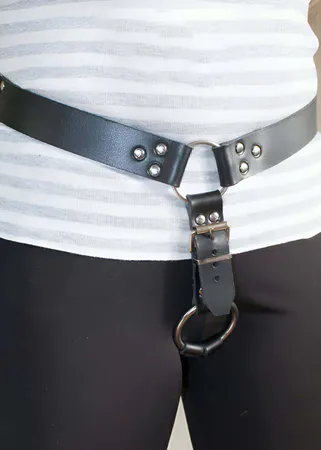 Black Faux Leather Waist Harness with Silver O-Ring and Thigh Strap