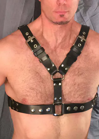 Black Faux Leather Chest Harness with Silver Buckles and Rivets