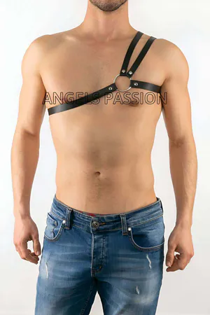 Black Faux Leather Asymmetric Chest Harness with Silver O-Ring on Man