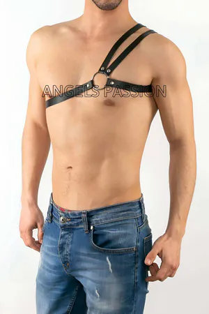 Black Faux Leather Asymmetric Chest Harness with Silver O-Ring on Man