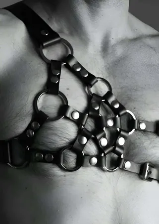 Black Faux Leather Mens Chest Harness O-Rings Adjustable Straps
