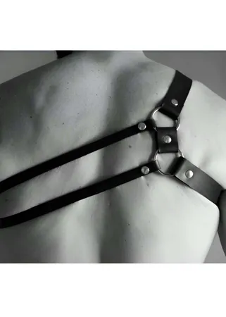 Black Faux Leather Mens Chest Harness O-Rings Adjustable Straps