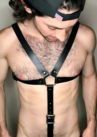 Black Faux Leather H-Back Chest Harness with O-Ring on Male Model