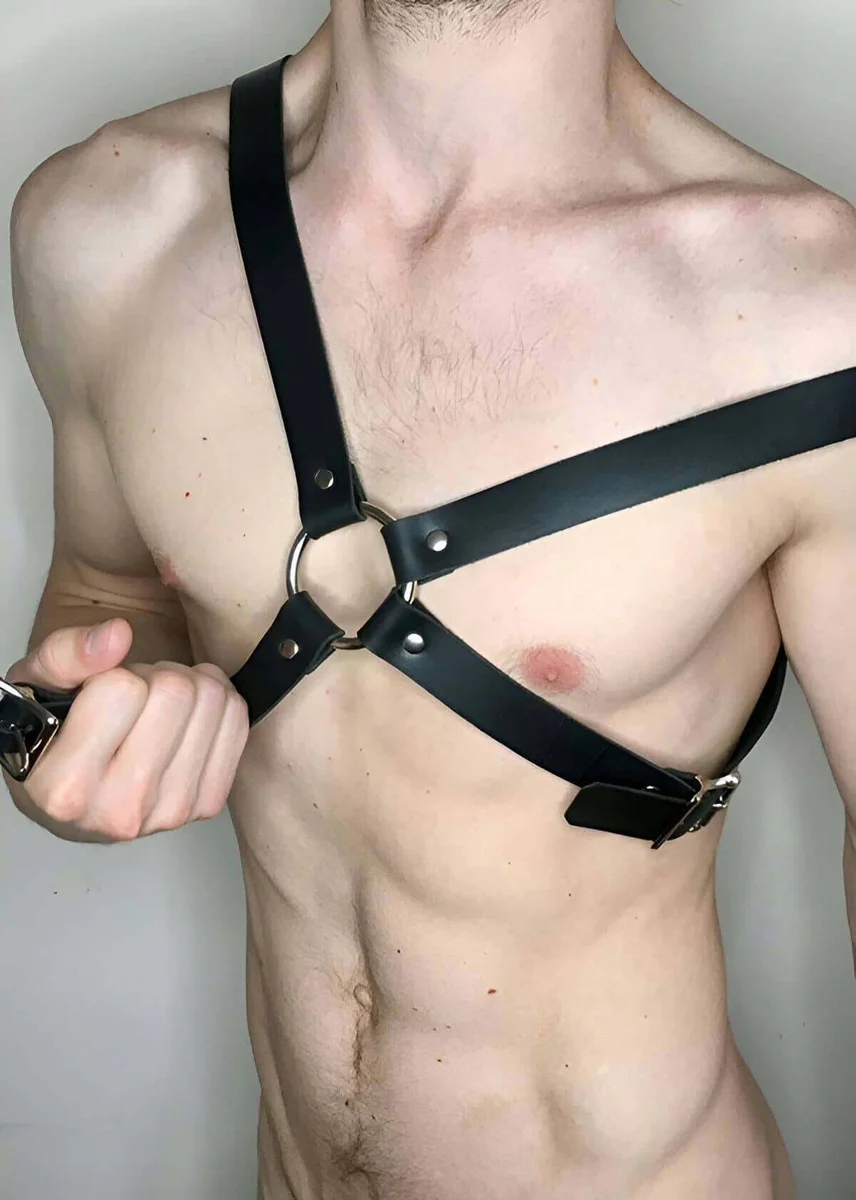 Black Faux Leather Harness Front View O-Ring Detail