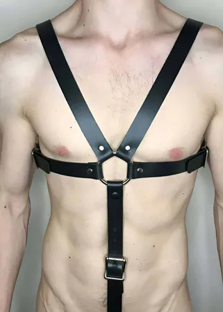 Black Faux Leather H-Back Chest Harness with O-Ring on Male Model