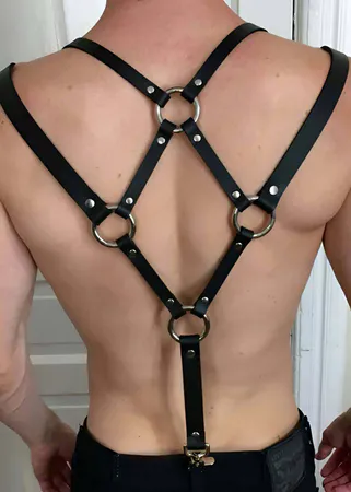 Black Faux Leather Cross Back Body Harness with Silver O-Rings and Rivets