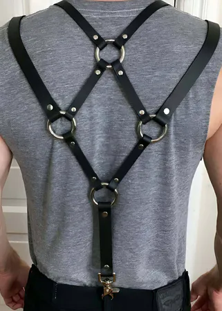 Black Faux Leather Cross Back Body Harness with Silver O-Rings and Rivets