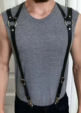 Black Faux Leather Cross Back Body Harness with Silver O-Rings and Rivets