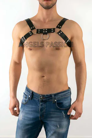 Black Faux Leather Chest Harness Adjustable Straps Silver O-Rings