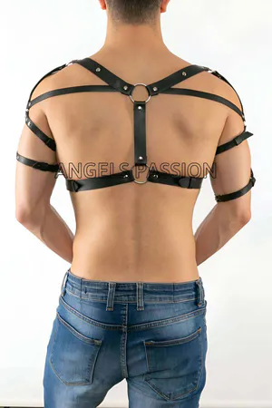 Black Faux Leather Chest Harness for Women Studded Shoulder Straps O-Ring