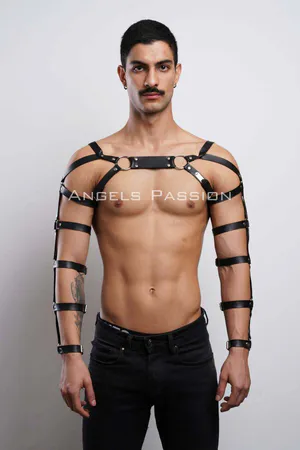 Black Faux Leather Chest Harness with Arm Straps O-Rings