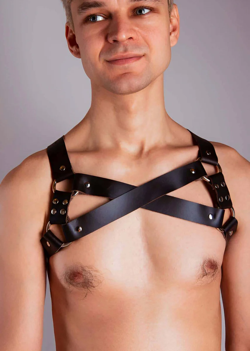 Vegan Leather Chest Harness Front Angle Silver Hardware Detail