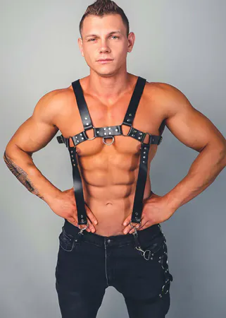 Black Faux Leather Chest Harness Men Adjustable Straps Rivets D-Ring
