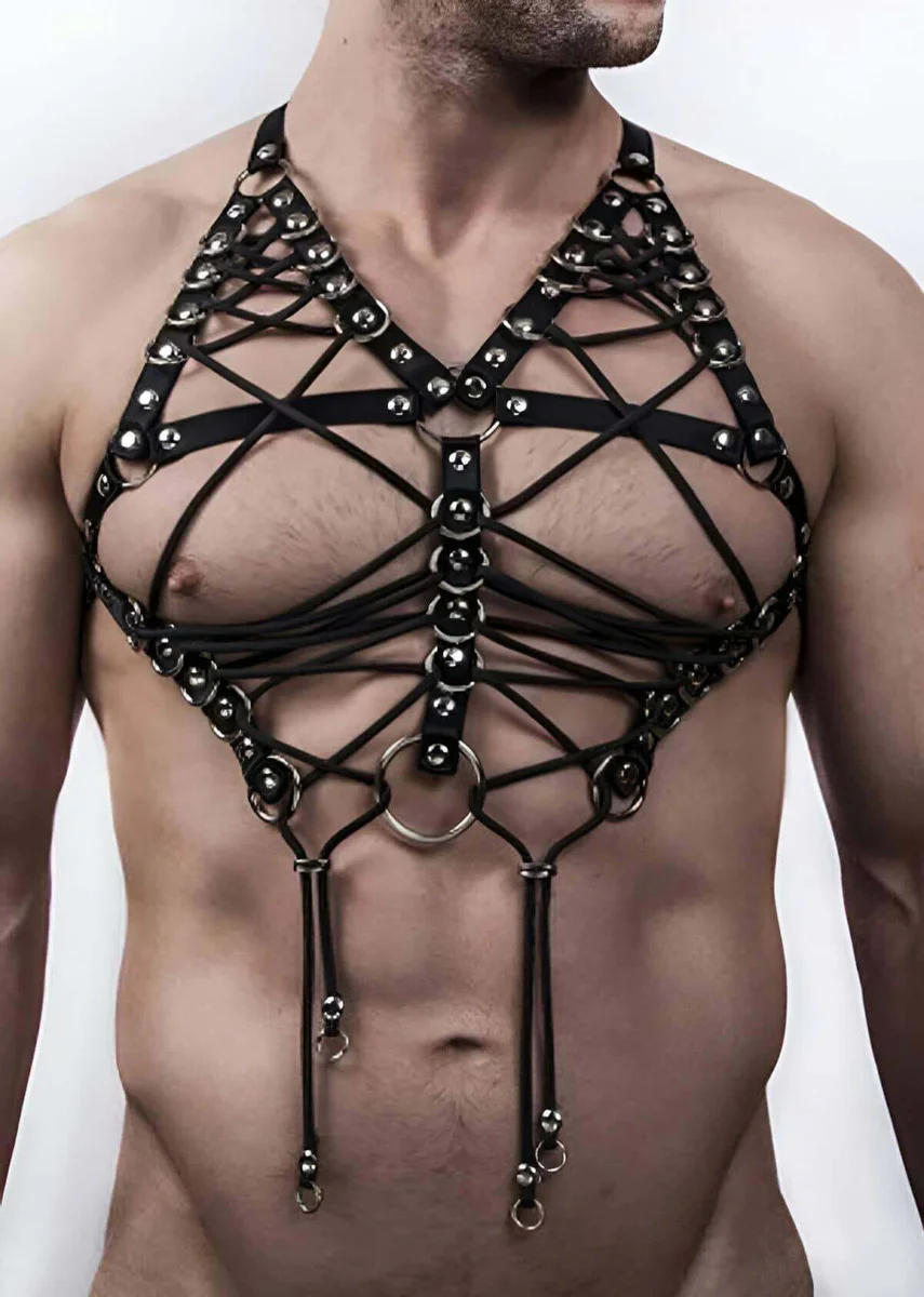 Black Faux Leather Studded Caged Chest Harness with Halter Neck and O-Rings