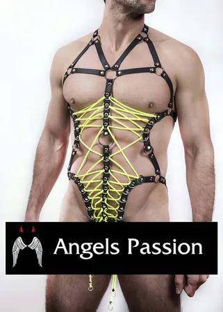 Black faux leather full body harness with neon yellow lacing and silver O-rings