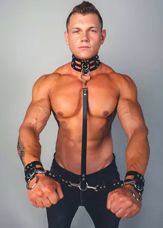 Black Vegan Leather Choker Collar Leash & Wrist Cuffs Set Silver Hardware
