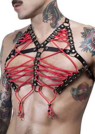 Black Faux Leather Chest Harness with Red Lacing and Silver O-Rings