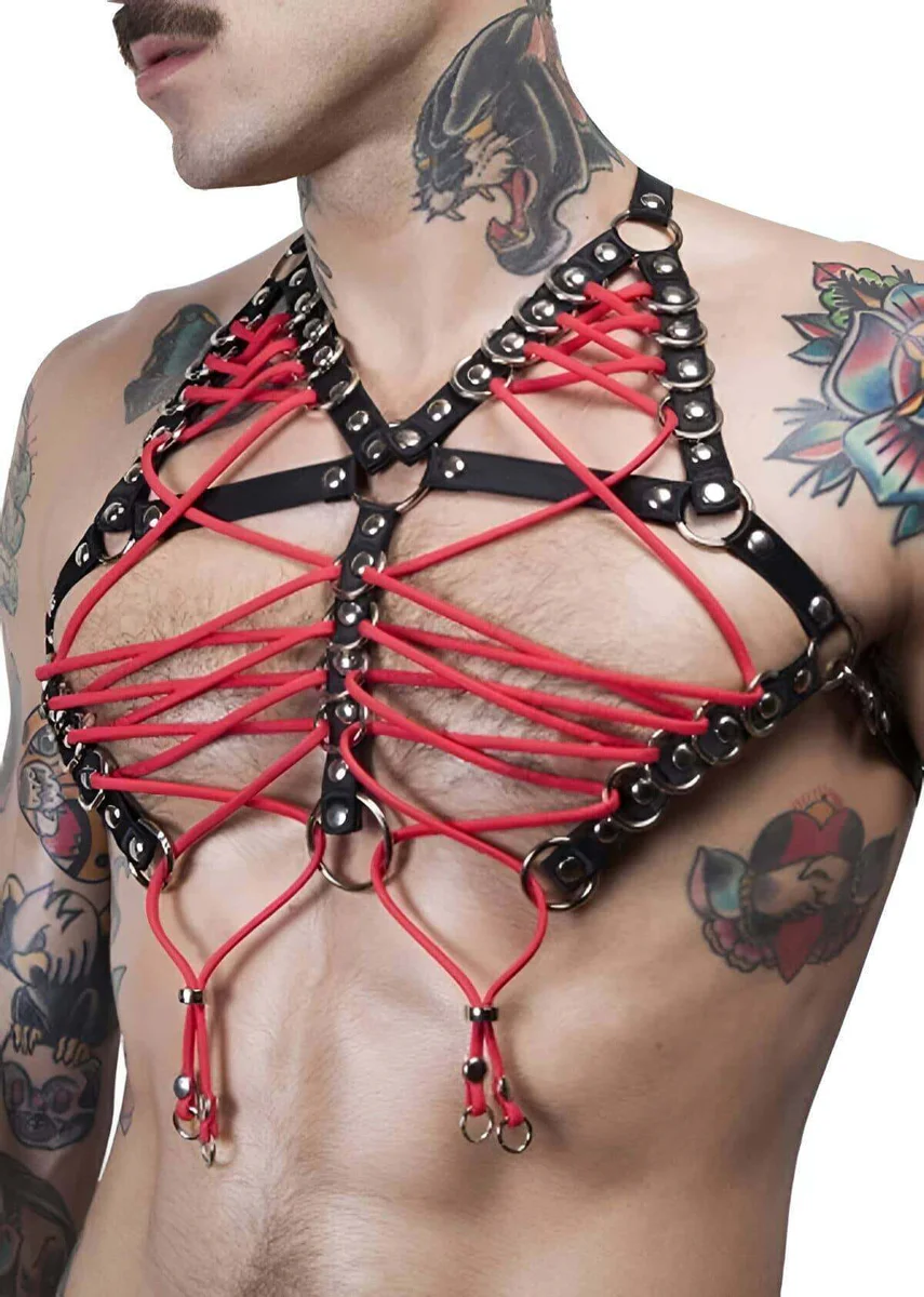 Black Faux Leather Chest Harness with Red Lacing and Silver O-Rings