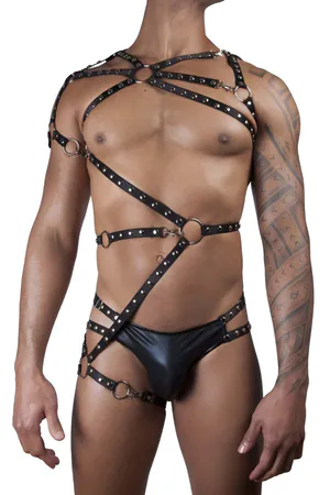Black Faux Leather Full Body Harness Studded Straps O-Rings