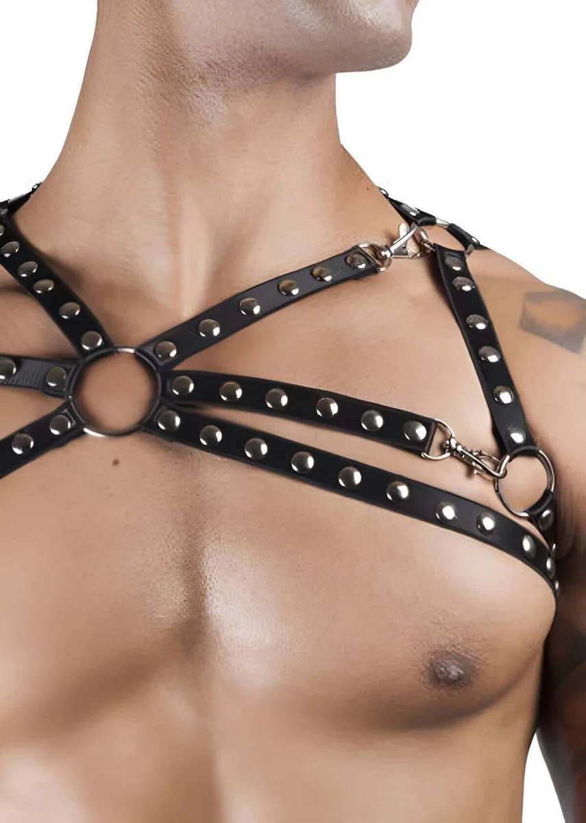 Men's Chest Harness Front View Adjustable Straps O-Ring Center Black Leather Detail