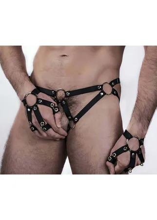 Black Faux Leather O-Ring Thong Harness with Integrated Wrist Straps