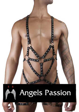 Black Studded Full Body Harness Men Vegan Leather Silver O-Rings