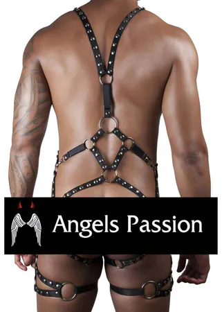 Black Studded Full Body Harness Men Vegan Leather Silver O-Rings