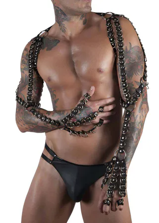 Black Studded Faux Leather Shoulder Arm Harness Male Model
