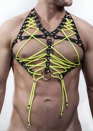 Black Faux Leather Neon Lace-Up Chest Harness Adjustable Straps
