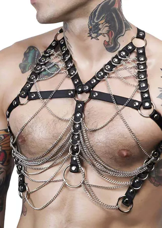 Black Faux Leather Chest Harness Draped Silver Chains Front View