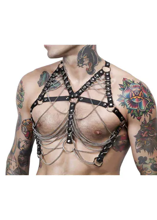 Black Faux Leather Chest Harness Draped Silver Chains Front View