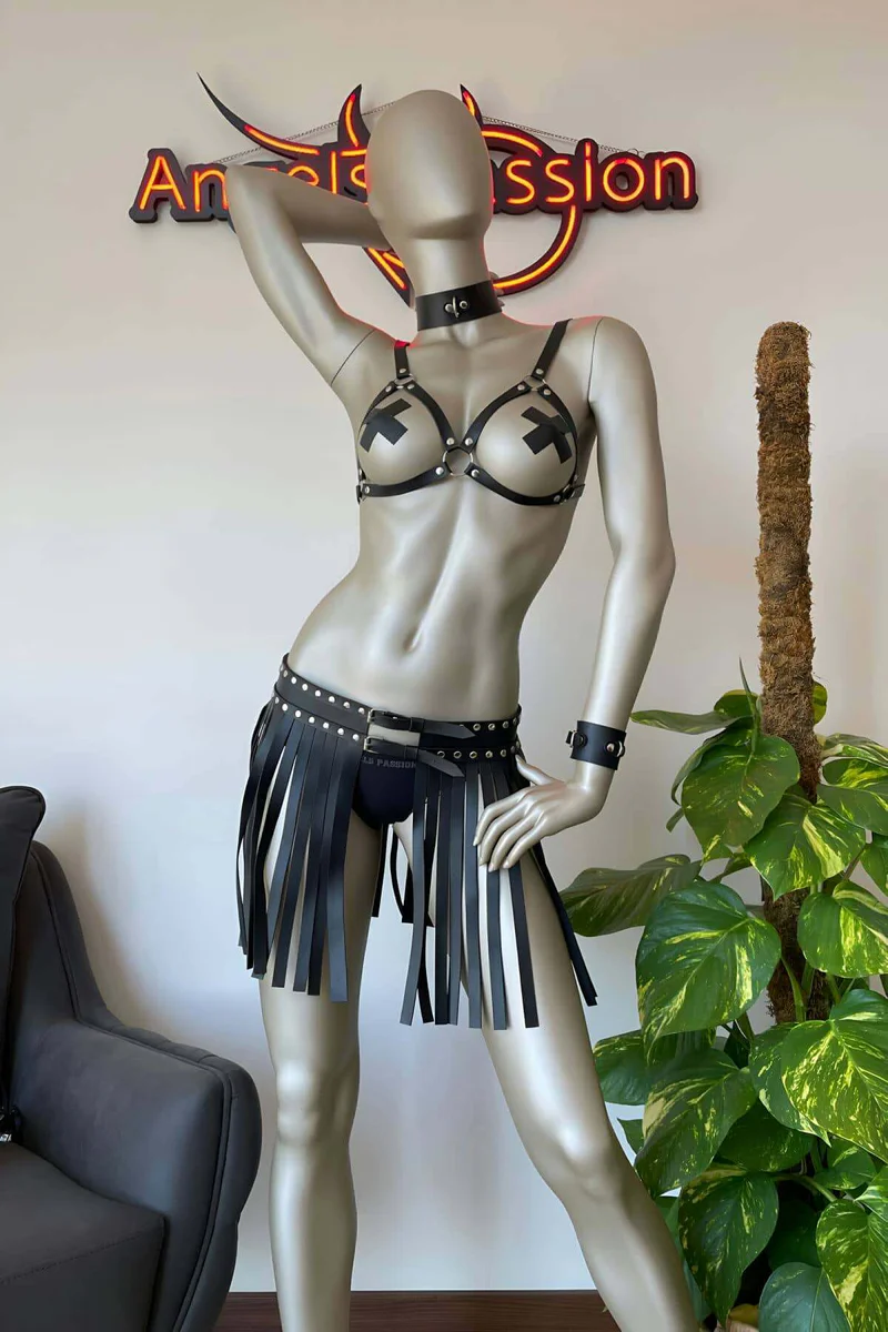 Faux leather harness outfit black back view